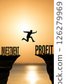 Man Jumping from Investment to Profit at Sunset. Financial Growth Concept 126279969
