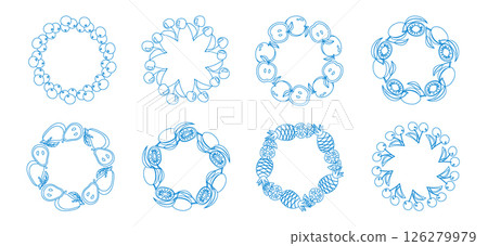 Fruit frame set. Round wreath, border of fruits. Fruits icons. Hand drawn Fruits circle border. 126279979