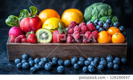 Wooden crate filled with a variety of fruits and vegetables 126280047