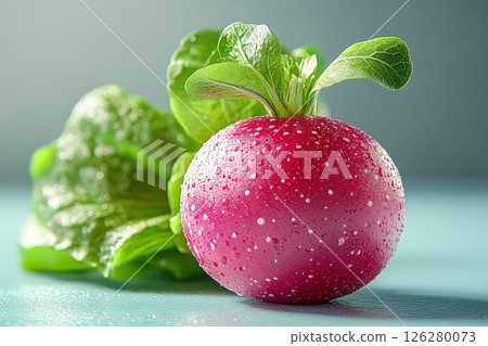 Small red radish sits on a table next to a leafy green plant 126280073