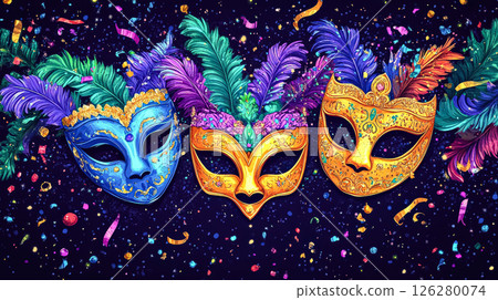 Three colorful masks with feathers on them are displayed on a dark background 126280074