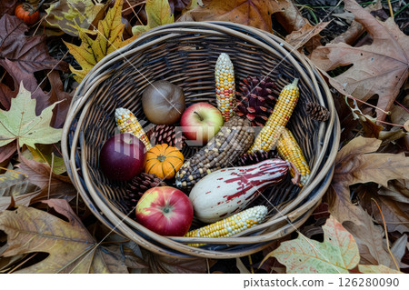 Basket full of fall fruits and vegetables including apples, pumpkins, and corn 126280090