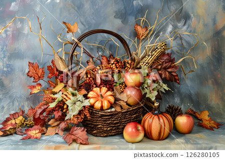 Basket of fall fruits and vegetables, including apples and pumpkins 126280105