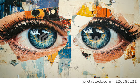 Painting of two eyes with long lashes and a blue iris Painting of two eyes with long lashes and a blue iris 126280121