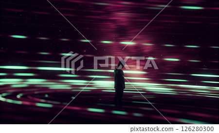 A lone figure stands at the edge of existence surrounded by streaks of cosmic light. Each beam carries the momentum of stars long gone and dreams yet to be formed. 126280300