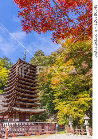 Tanzan Shrine: Thirteen-story pagoda surrounded by autumn leaves 126280349
