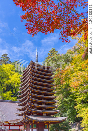 Tanzan Shrine: Thirteen-story pagoda surrounded by autumn leaves 126280351