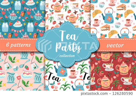 Sweet tea party vector patterns with teapots, cups, desserts, berries and florals. Ideal for invitations, fabric, packaging and cozy feminine themes 126280590