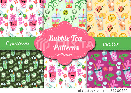 Cute and playful bubble tea vector patterns with tapioca pearls, drinks, straws, fruit and sweets. Great for packaging, fabric, stationery and Kawaii-themed designs. Cute and playful bubble tea vector patterns with tapioca pearls, drinks, straws, fruit and sweets. Great for packaging, fabric, stationery and Kawaii-themed designs. 126280591
