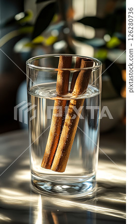 Glass of water with two cinnamon sticks floating in it 126280736