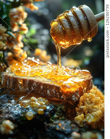 Honey drizzled over a piece of toast 126280739