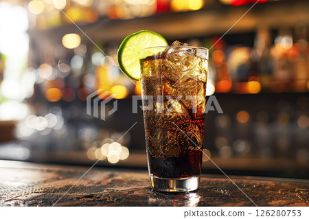 Glass of soda with a lime wedge in it 126280753