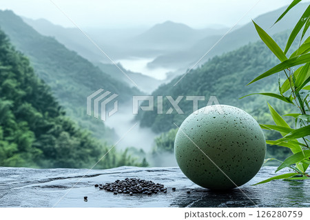 Small green ball sits on a rock in front of a mountain range 126280759