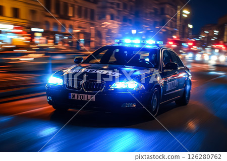 BMW police car is driving down a street at night BMW police car is driving down a street at night 126280762
