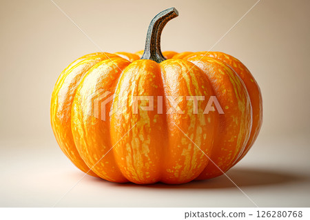 Large orange pumpkin with a green stem 126280768