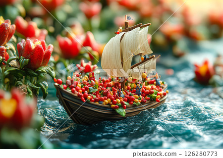 Small boat with a bunch of red flowers on it is floating in the water 126280773
