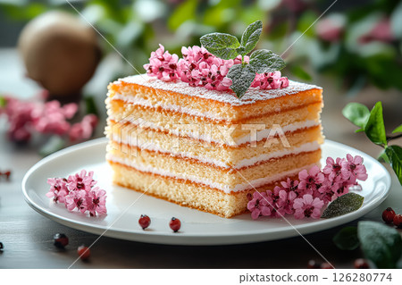 Slice of cake with pink flowers on top 126280774