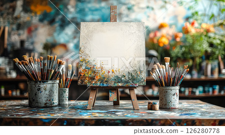 Painting is displayed on a stand with a white background 126280778