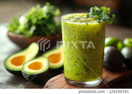 Glass of green juice with a sprig of parsley on top 126280781