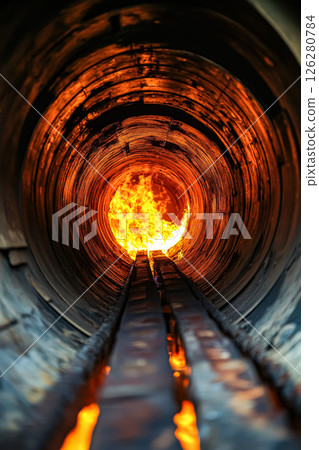 Tunnel with a fire burning inside of it 126280784