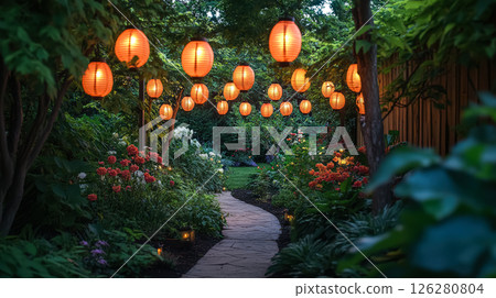 Path with a garden and lanterns hanging from the trees 126280804