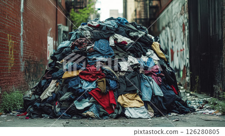 Pile of clothes is stacked on top of each other in a city alleyway 126280805