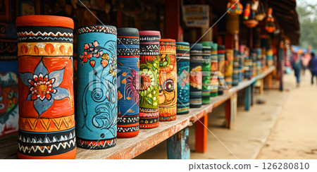 Row of colorful vases with floral designs on them 126280810