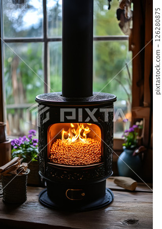 Black stove with a fire burning in it Black stove with a fire burning in it 126280875