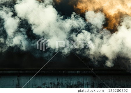 Large cloud of smoke is billowing out of a factory 126280892