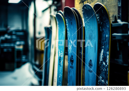 Row of snowboards are lined up against a wall 126280893