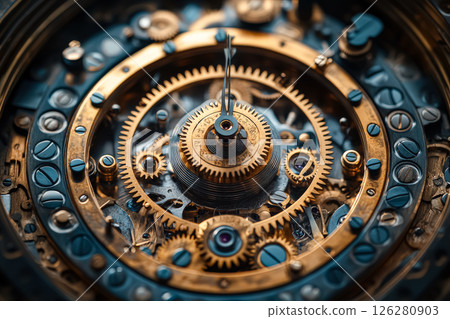 Close up of a clock with a gold and blue face 126280903