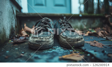 Two dirty shoes are on a wet sidewalk Two dirty shoes are on a wet sidewalk 126280914