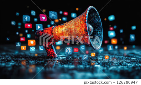 Large red microphone is surrounded by a colorful array of icons 126280947