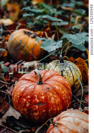 Group of pumpkins are on the ground, with one of them being the largest 126280948