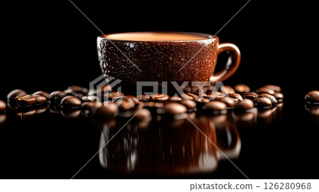 Cup of coffee is sitting on a table with a pile of coffee beans Cup of coffee is sitting on a table with a pile of coffee beans 126280968
