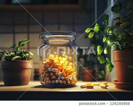 Jar full of pills is sitting on a table next to a potted plant Jar full of pills is sitting on a table next to a potted plant 126280988