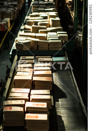Conveyor belt is filled with books 126280991