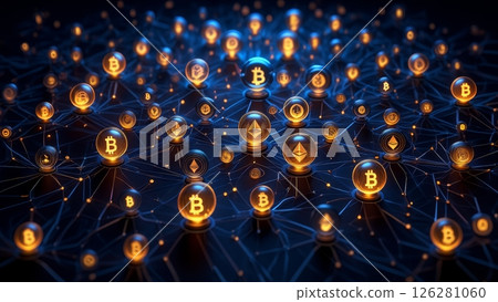 Blockchain Network: Glowing Digital Nodes and Cryptocurrency Streams 126281060