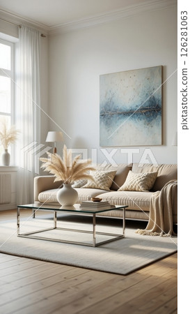 Minimalist Scandinavian Living Room: Sunlit Interior with Neutral Tones and Organic Textures 126281063