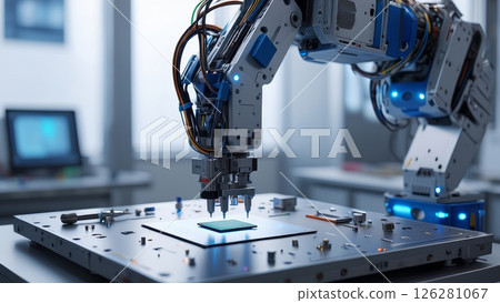 Robotic Hand Precision: High Tech Mechanical Arm Assembling Microchips Robotic Hand Precision: High Tech Mechanical Arm Assembling Microchips 126281067