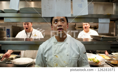 Overwhelmed Chef in Kitchen During Rush Hour 126281071