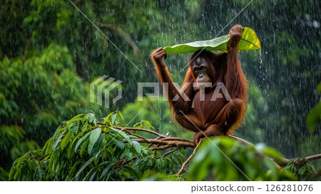 Orangutan Using Leaf as Umbrella During Tropical Rainstorm Orangutan Using Leaf as Umbrella During Tropical Rainstorm 126281076