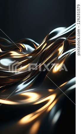Liquid Metal Waves: Shimmering Silver and Gold Fluid Forms on a Dark Background, vertical shot 126281079