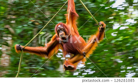 Orangutan Swinging on Vine Mid Air in Borneo Jungle Orangutan Swinging on Vine Mid Air in Borneo Jungle 126281085