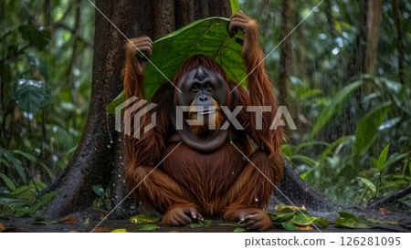 Orangutan Using Leaf as Umbrella During Tropical Rainstorm 126281095
