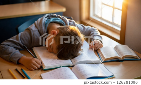 Overworked Student Sleeping on Desk in Sunlight 126281096