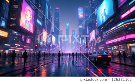 Futuristic Neon Cityscape at Dusk: A Cyberpunk Metropolis with Hovering Vehicles and Glowing Skyscrapers Futuristic Neon Cityscape at Dusk: A Cyberpunk Metropolis with Hovering Vehicles and Glowing Skyscrapers 126281103