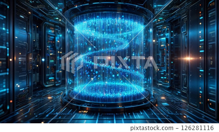 Quantum Computing Core: Glowing Data Particles in a Futuristic Chamber 126281116
