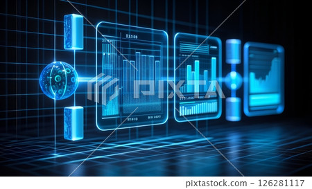 Futuristic Holographic UI: Floating Blue Neon Interface with Data Streams Futuristic Holographic UI: Floating Blue Neon Interface with Data Streams 126281117