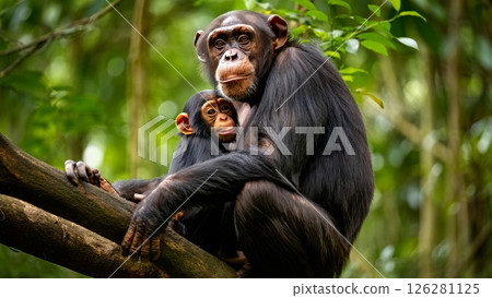 Mother Chimpanzee Cradling Baby Under Canopy Shade 126281125
